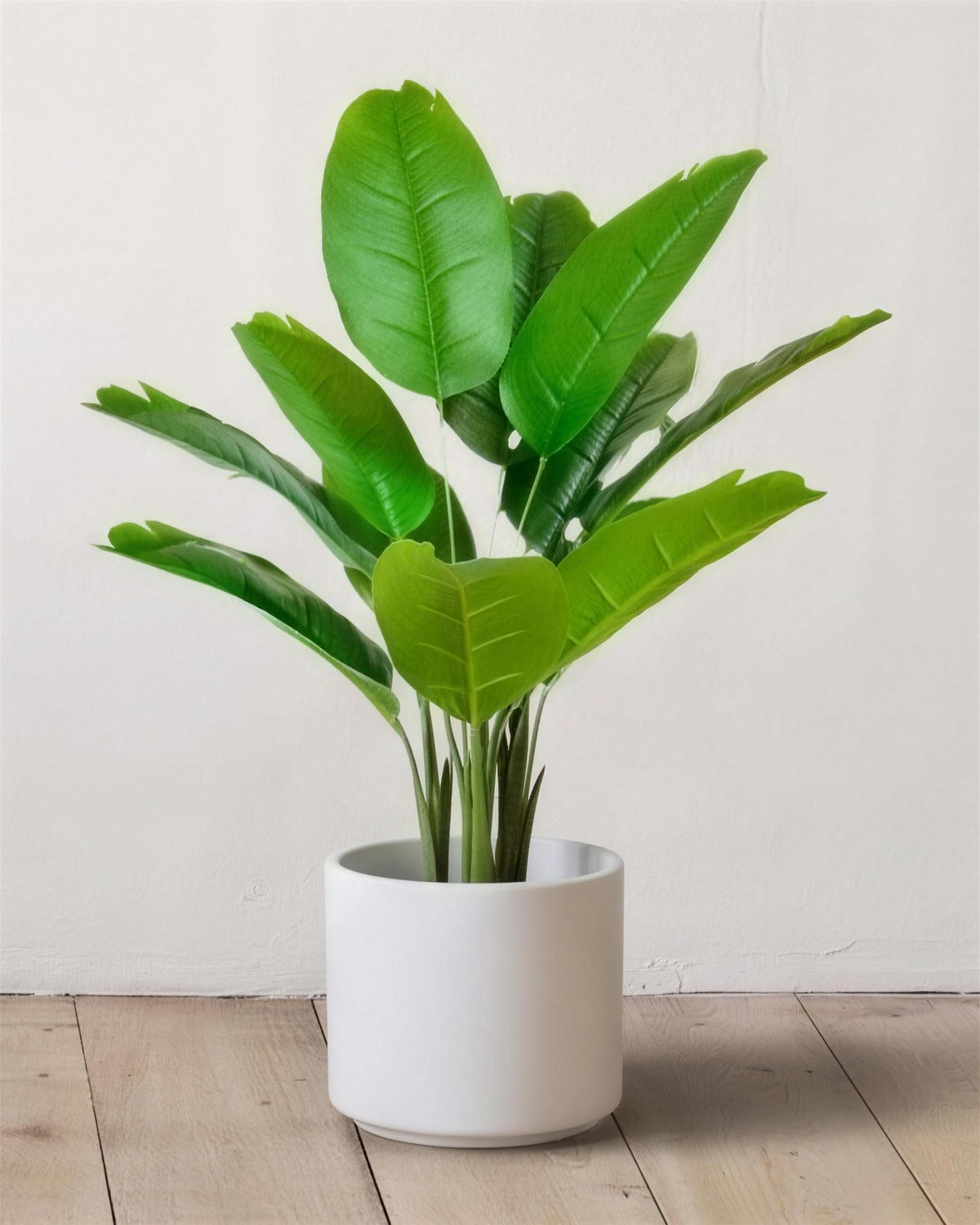 The 26 in artificial bird of paradise with twelve leaves, in a plain white pot against a warm white wall; pot not included