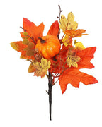 Artificial fall pick with orange maple leaves, a pumpkin and yellow leaves