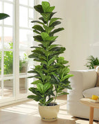 Artificial fiddle leaf fig tree in a cream pot in a sunlit living room