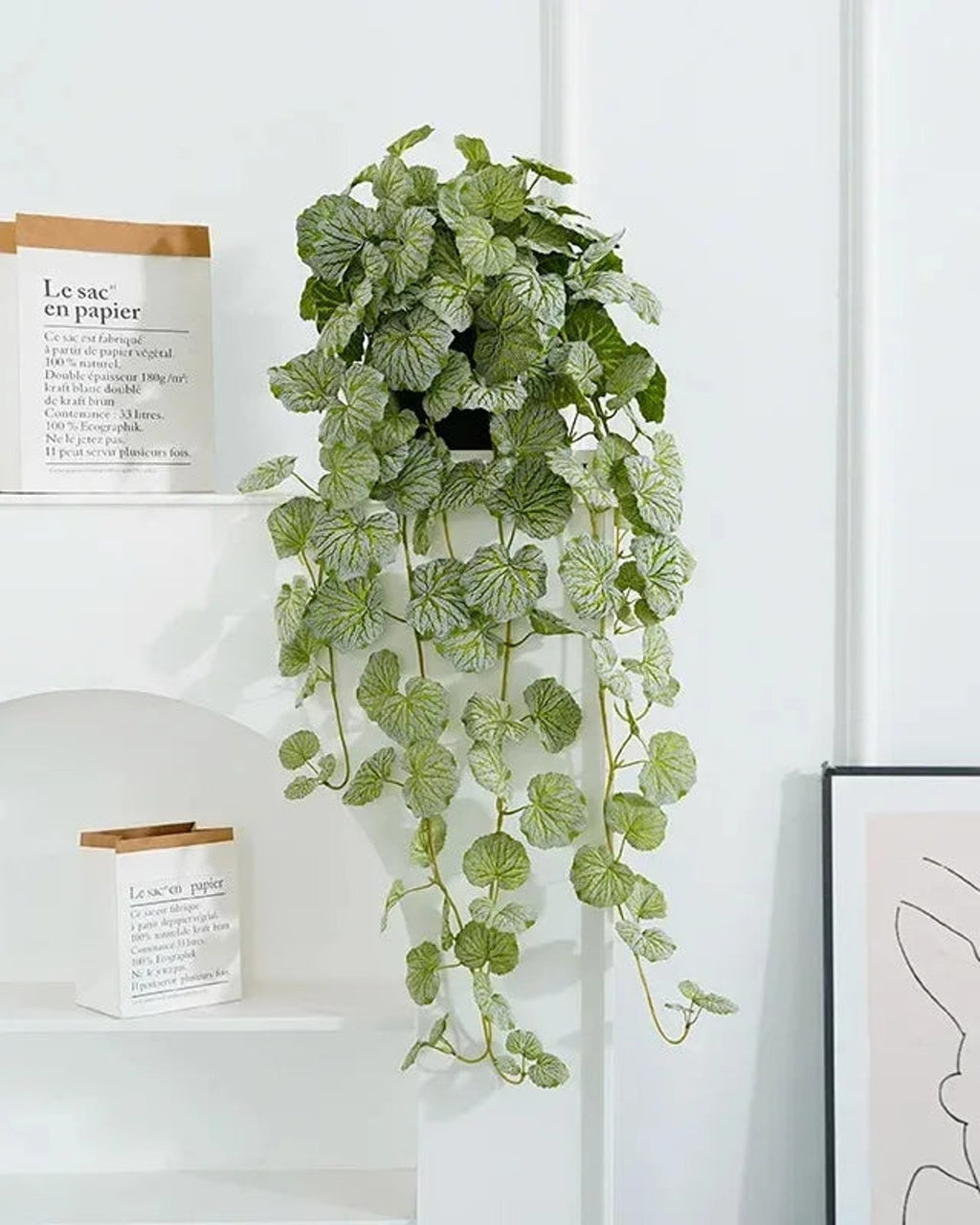Artificial hanging begonia vine on a white shelf beside a framed print