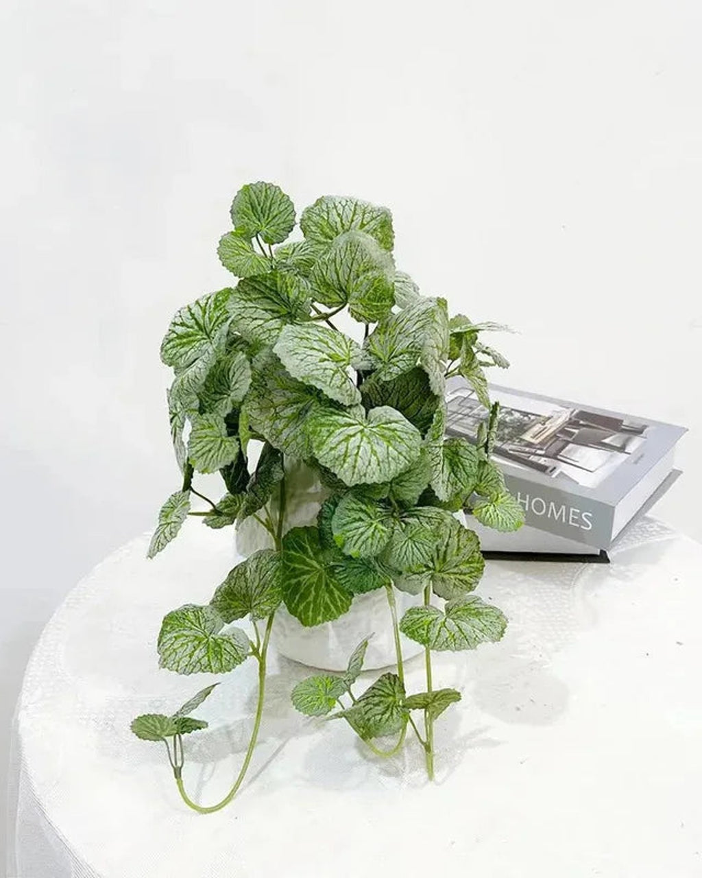 Artificial hanging begonia vine laid on a white table, leaves and trailing stems
