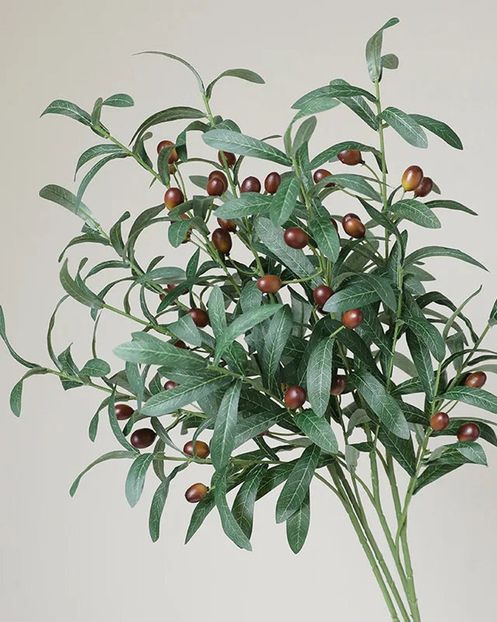 Close view of artificial olive branches with dark olives and gray-green leaves