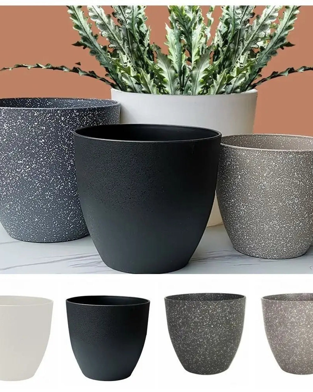 Three stone effect plant pots on a shelf, with the four sizes shown below; plants not included