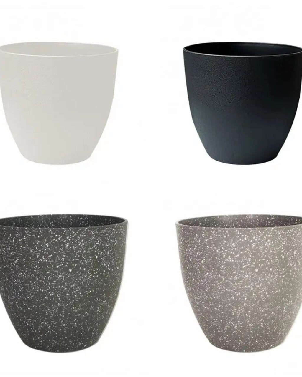 The four colors of the stone effect plant pot side by side: stone, charcoal, white and black