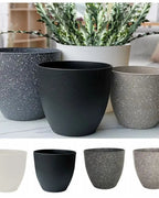 Three stone effect plant pots beside a plant, with the four sizes shown below; plants not included