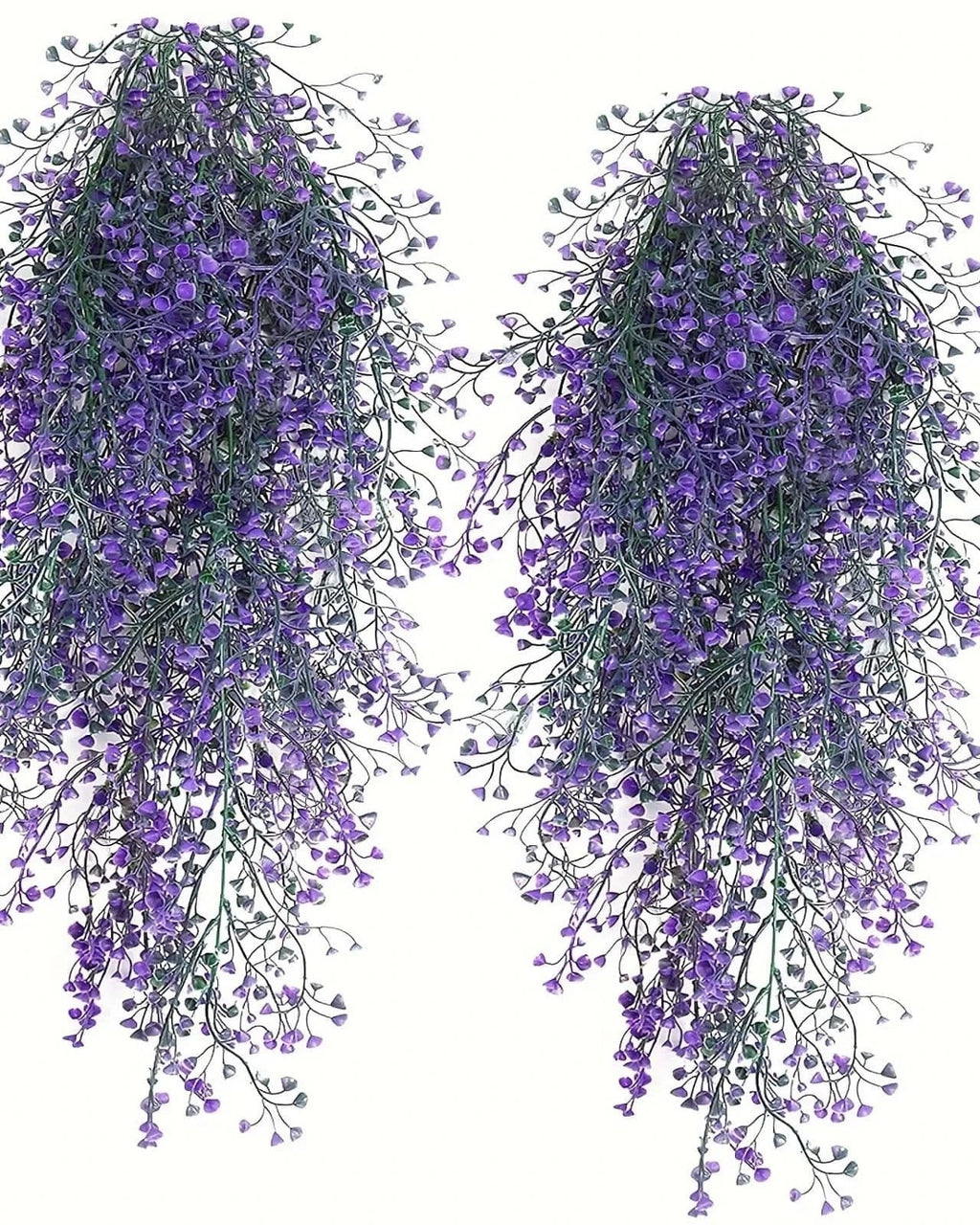 Two purple artificial wisteria sprays hung side by side on a plain background; each order is one spray