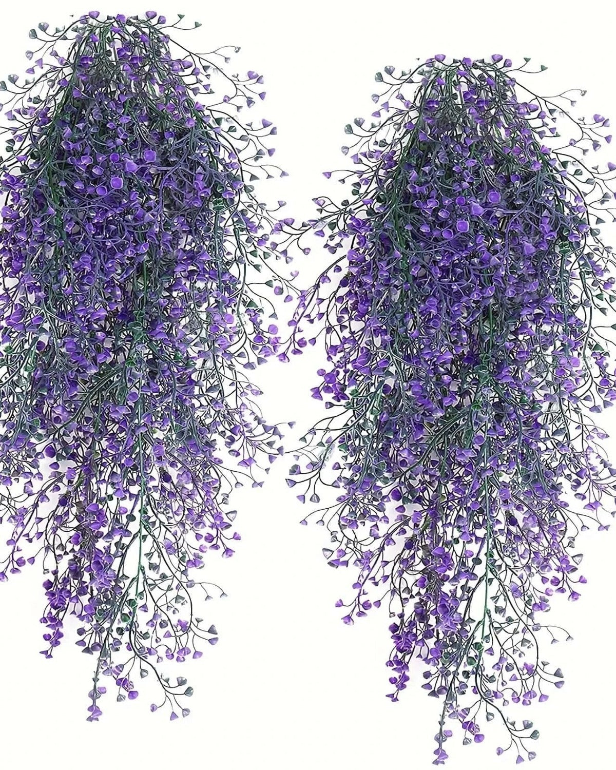 Two purple artificial wisteria sprays hung side by side on a plain background; each order is one spray