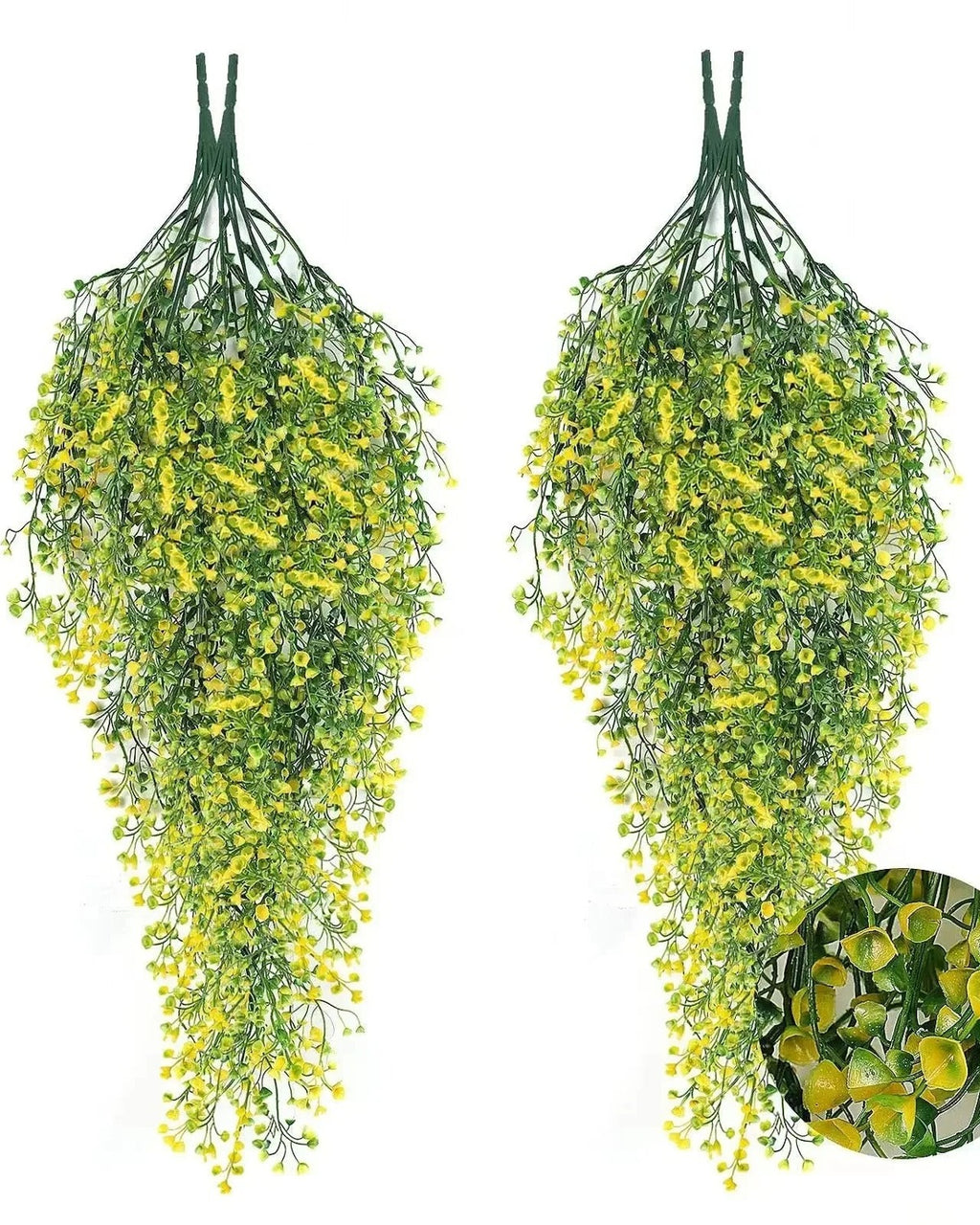Two yellow artificial wisteria sprays hung side by side, with the blooms shown close up; each order is one spray