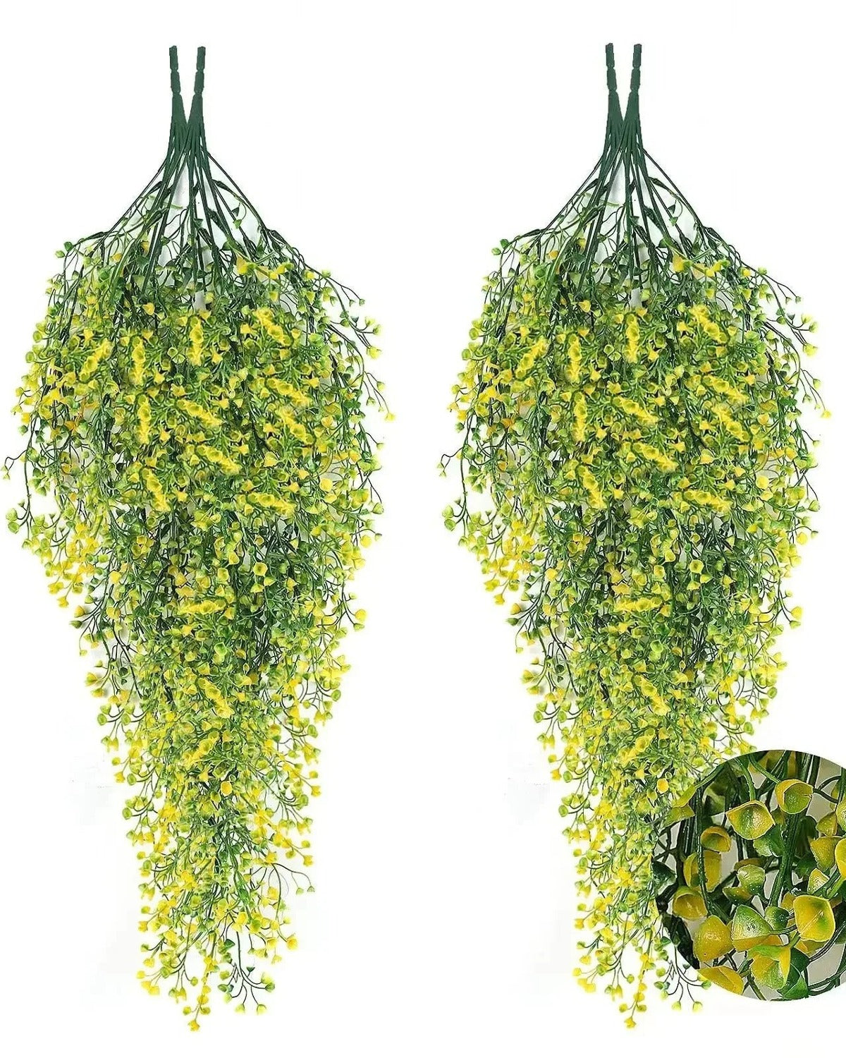 Two yellow artificial wisteria sprays hung side by side, with the blooms shown close up; each order is one spray