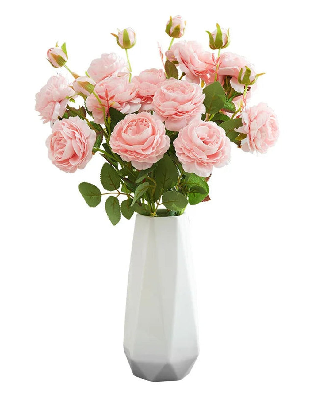 Artificial rose branches in a plain white vase on a plain background; each order is one branch, and no vase is included