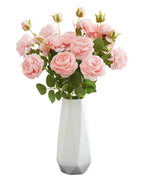 Artificial rose branches in a plain white vase on a plain background; each order is one branch, and no vase is included