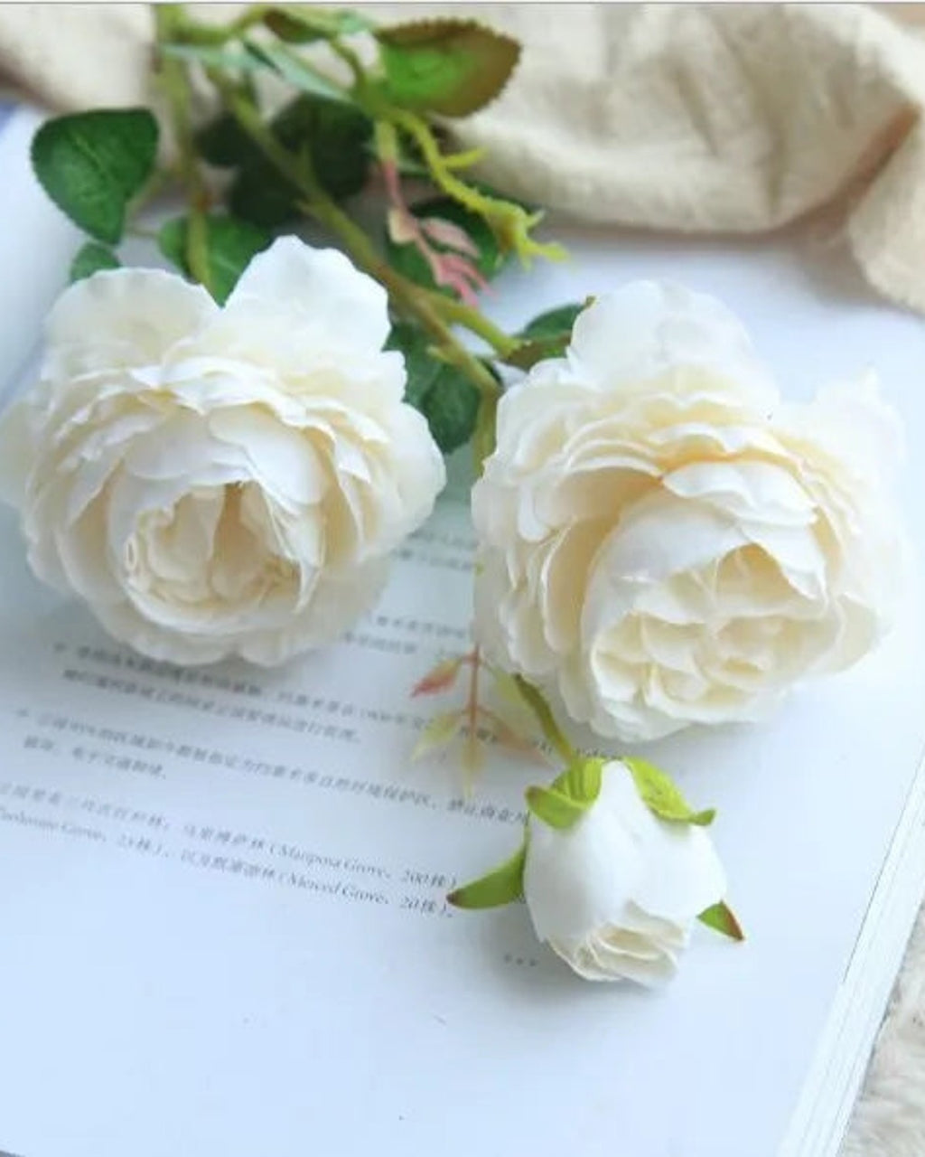Milky White, artificial rose branch: two open blooms and a bud on one stem