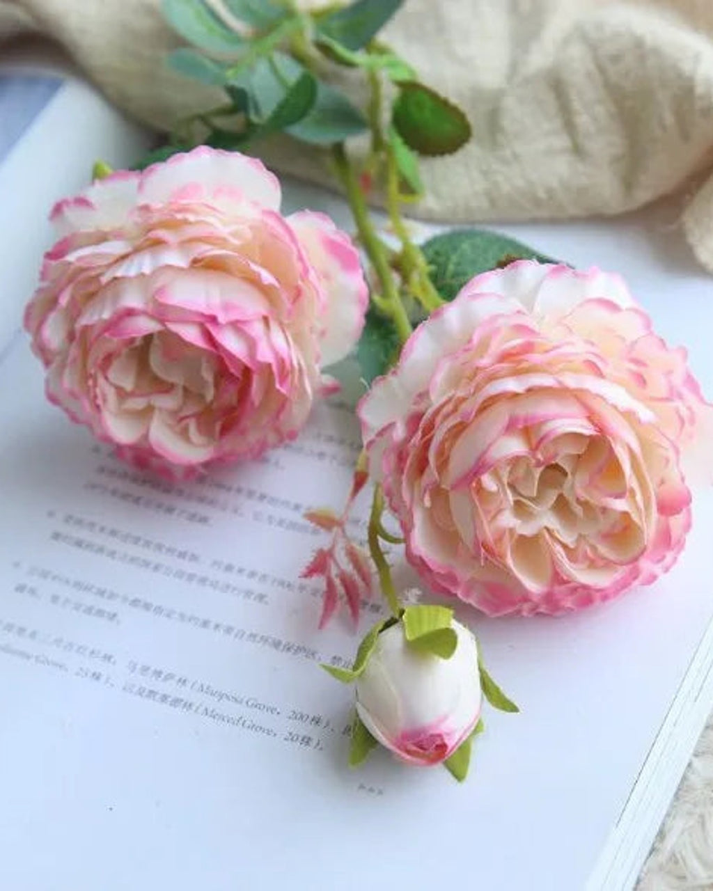 Light Pink, artificial rose branch: two open blooms and a bud on one stem