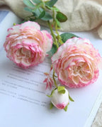 Light Pink, artificial rose branch: two open blooms and a bud on one stem