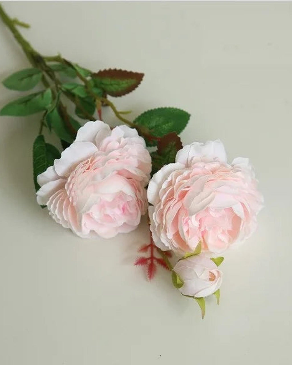 Milk Pink, artificial rose branch: two open blooms and a bud on one stem