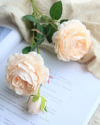 Champagne, artificial rose branch: two open blooms and a bud on one stem