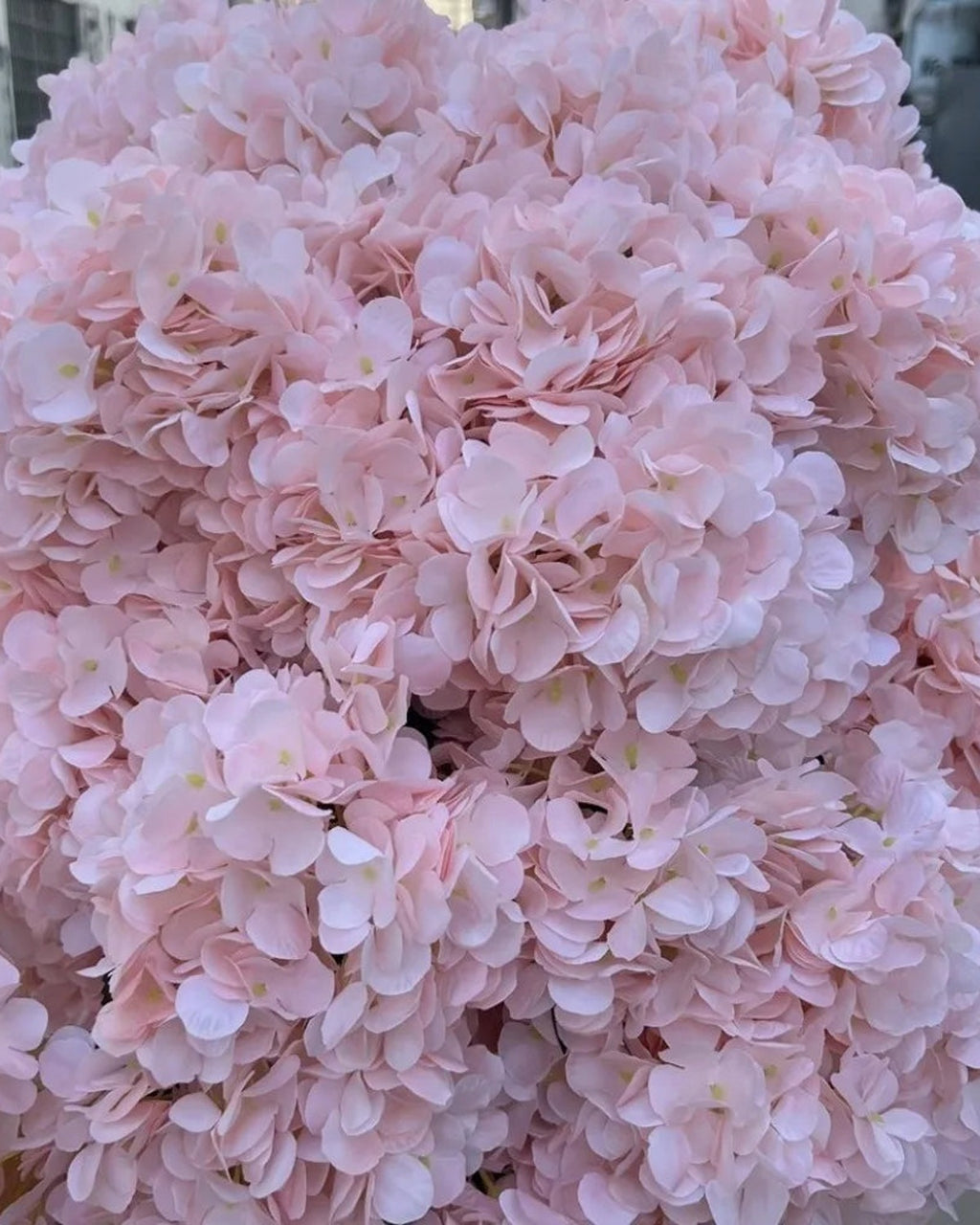 Light pink artificial hydrangea flowers filling the frame, the small florets in close view