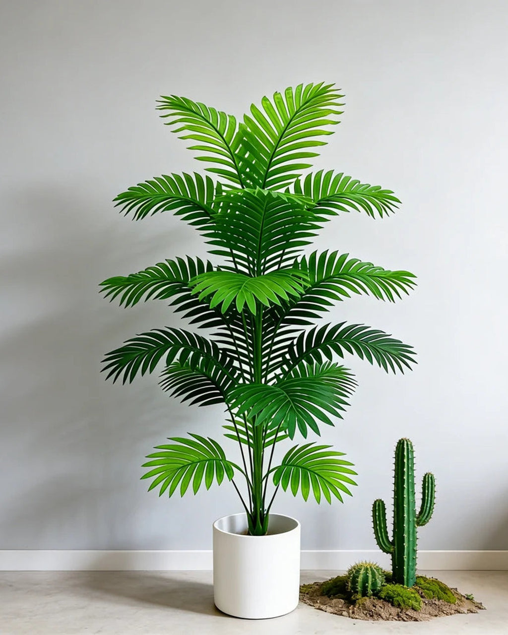An artificial palm leaf bush against a pale wall; the cactus beside it is not part of the order, and no pot is included