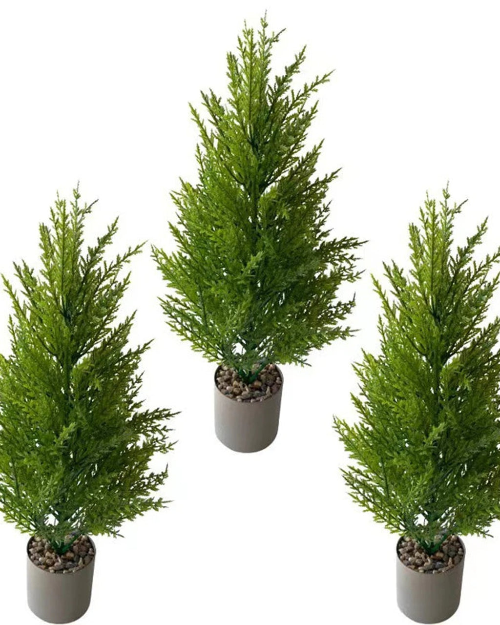 Three artificial pine trees in plain pots, seen together; pot not included