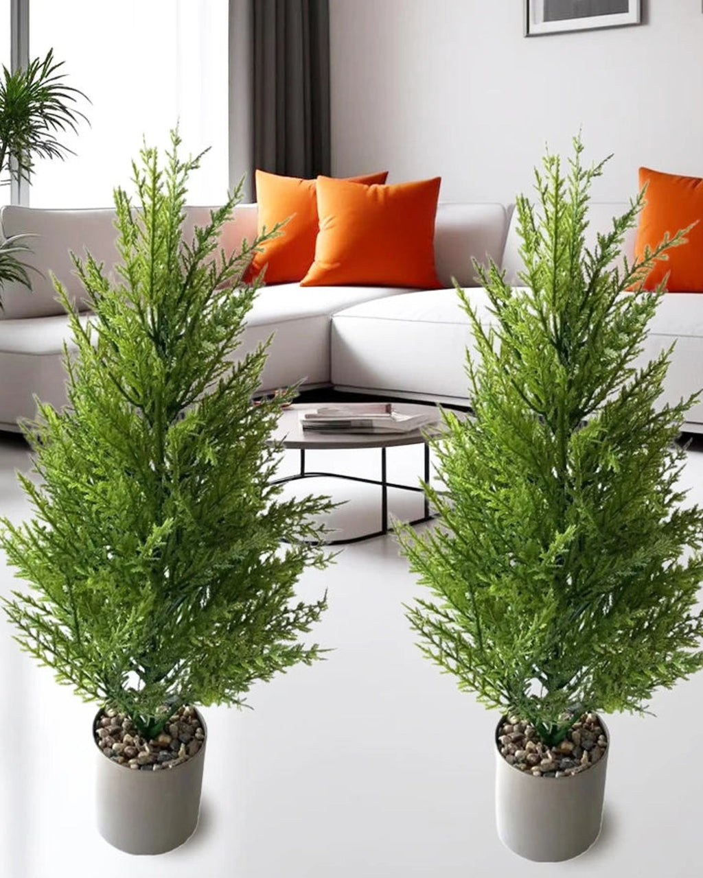 Two artificial pine trees in pots either side of a sofa in a living room; pot not included
