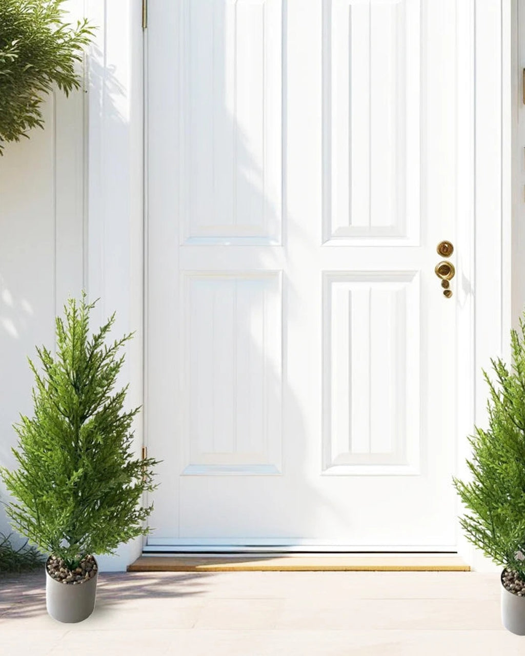 Two artificial pine trees in pots either side of a front door; pot not included