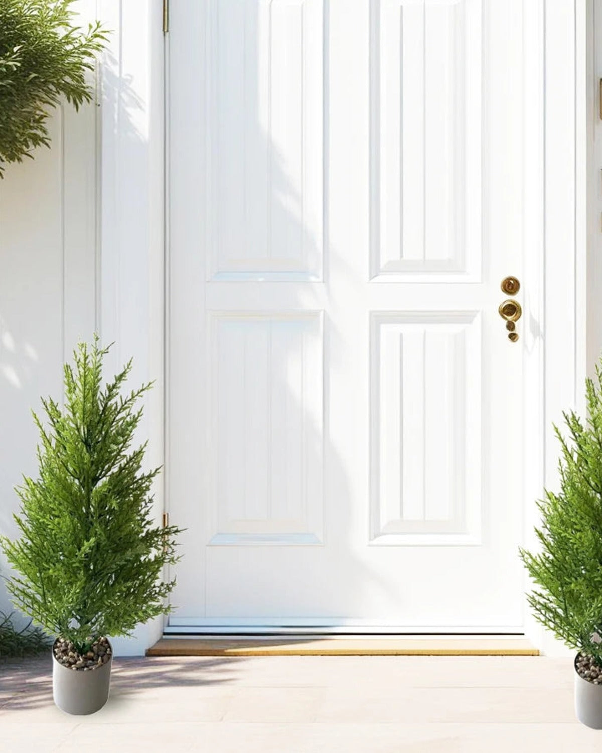 Two artificial pine trees in pots either side of a front door; pot not included
