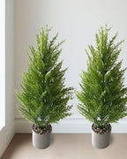Two artificial pine trees in pots against a hallway wall; pot not included
