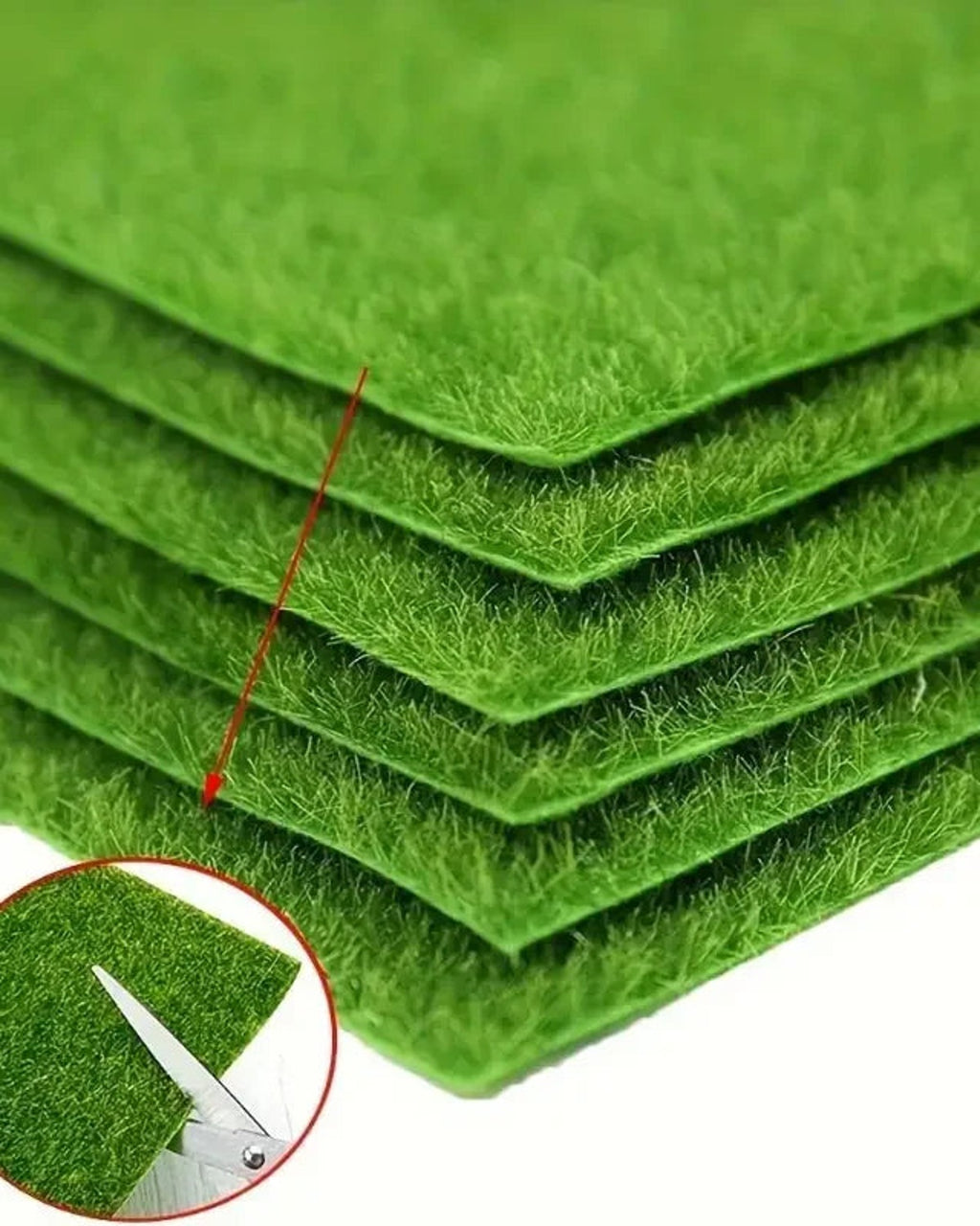 A stack of artificial grass mats fanned out to show the pile, with an inset of one being cut with scissors; each order is one mat