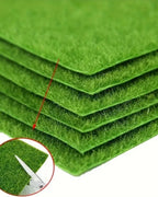 A stack of artificial grass mats fanned out to show the pile, with an inset of one being cut with scissors; each order is one mat
