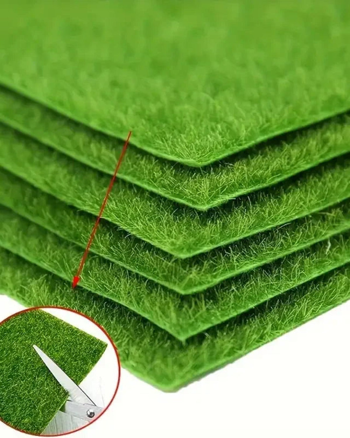 A stack of artificial grass mats fanned out to show the pile, with an inset of one being cut with scissors; each order is one mat
