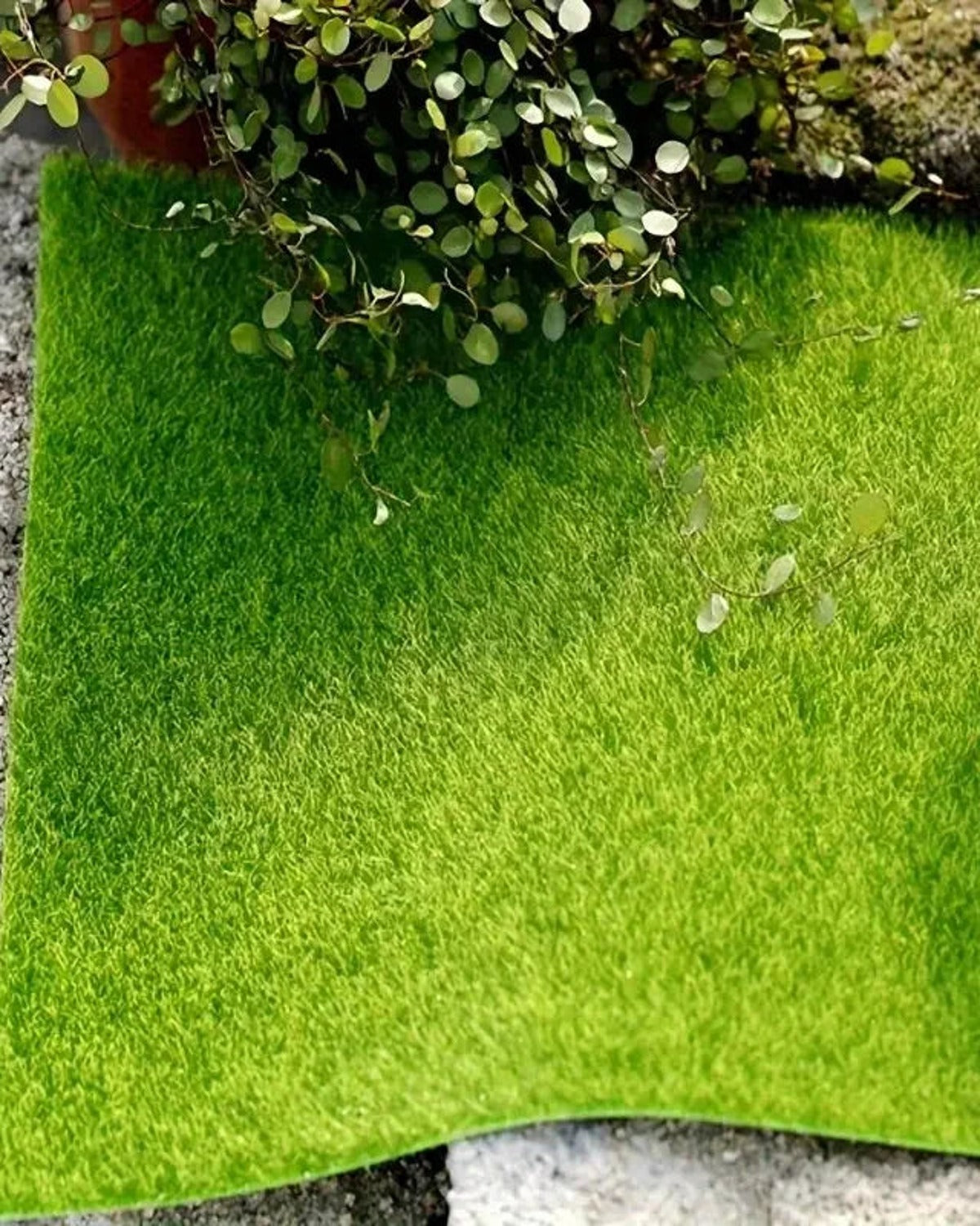 An artificial grass mat laid on gravel outdoors, a trailing plant spilling over one corner