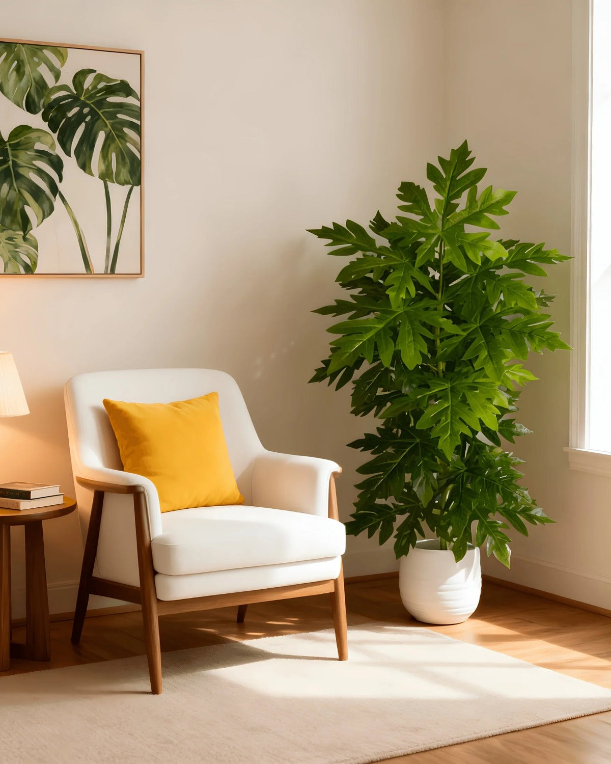 An artificial papaya leaf plant beside an armchair, its lobed leaves catching the light; pot not included