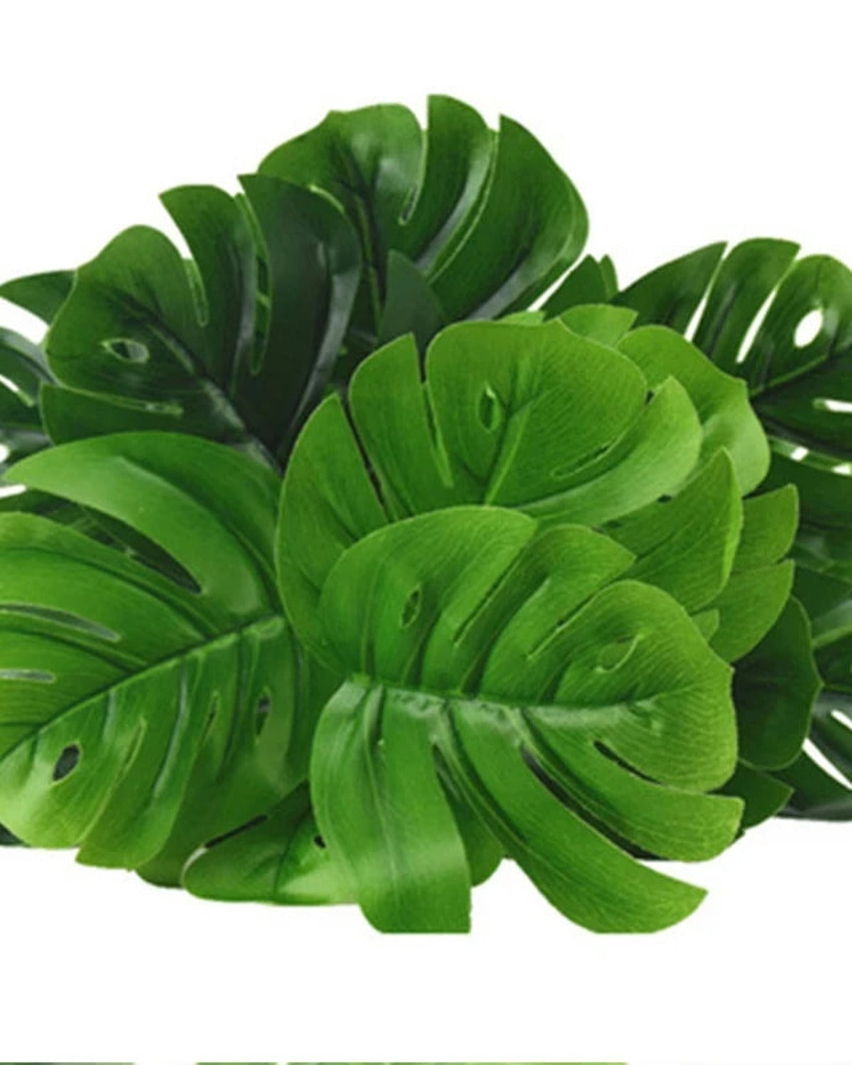 The split and holed leaves of the artificial monstera laid flat, in close view