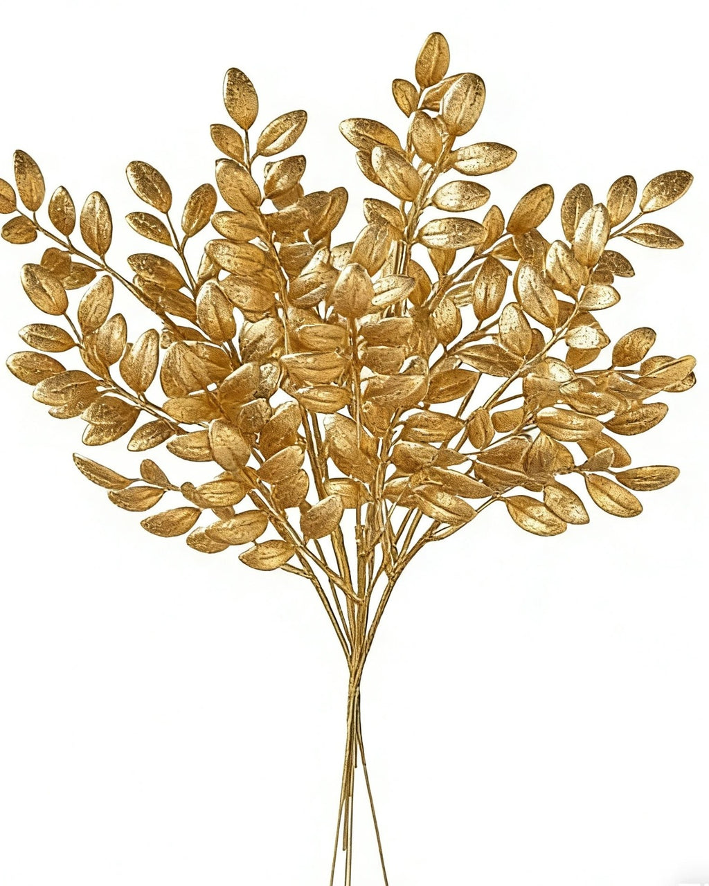Artificial gold leaf stems on a plain background, showing the small paired leaves along each stem
