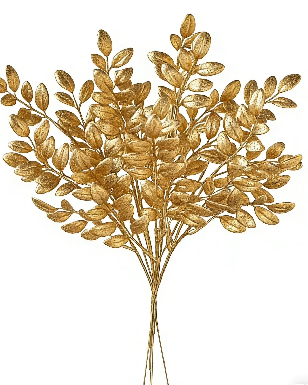 Artificial gold leaf stems on a plain background, showing the small paired leaves along each stem