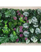 Artificial green wall panels with purple and white spotted leaves, butted together; each order is one panel