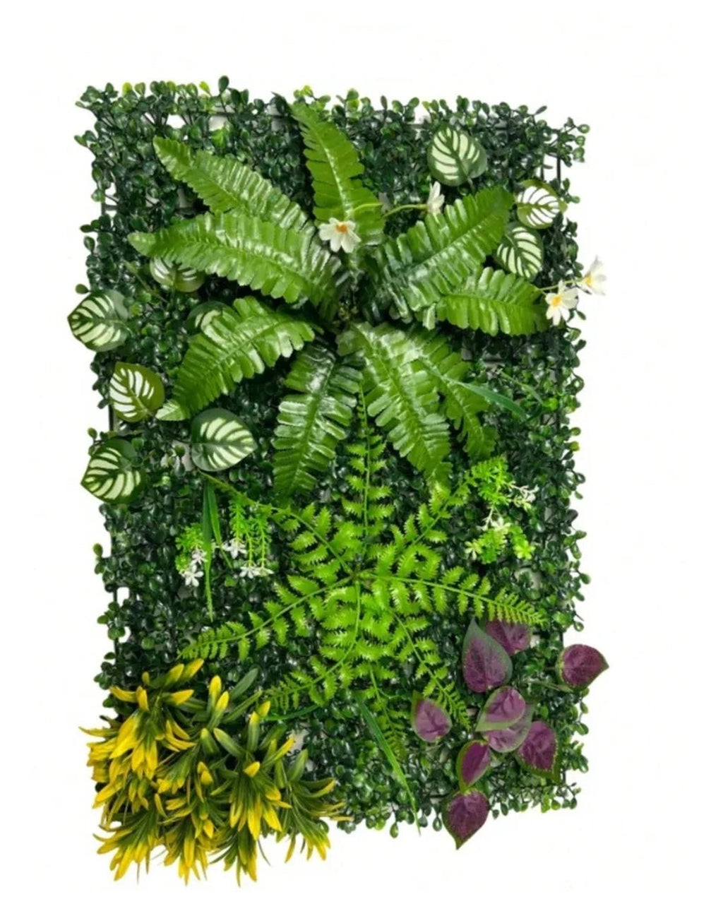 The fern, yellow bloom and purple style of artificial green wall panel, shown as one panel