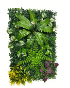 The fern, yellow bloom and purple style of artificial green wall panel, shown as one panel