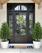 Two artificial mini Christmas trees in pots either side of a front door; each order is two trees, and no pot is included