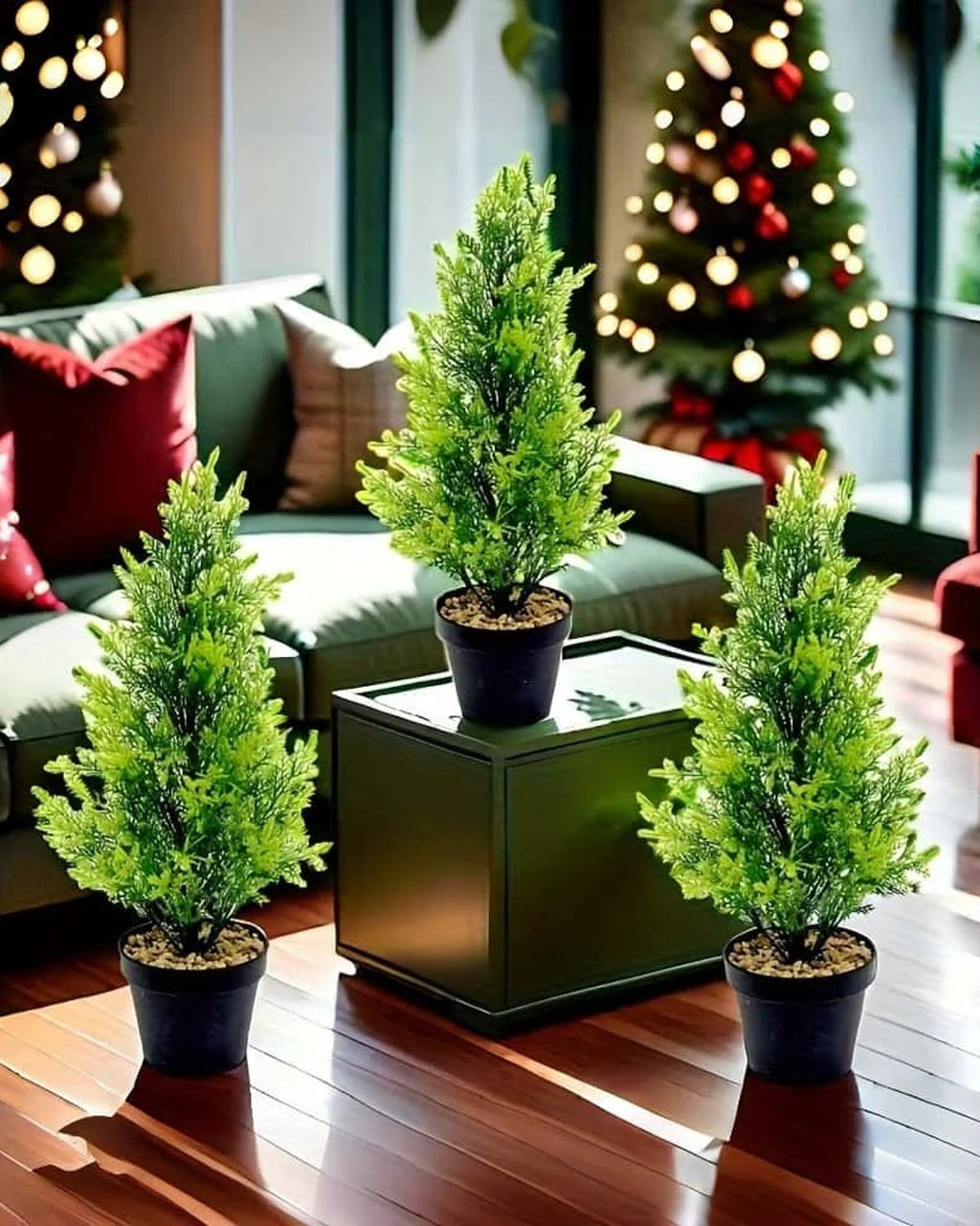 Artificial mini Christmas trees in pots on a porch table at Christmas; each order is two trees, and no pot is included