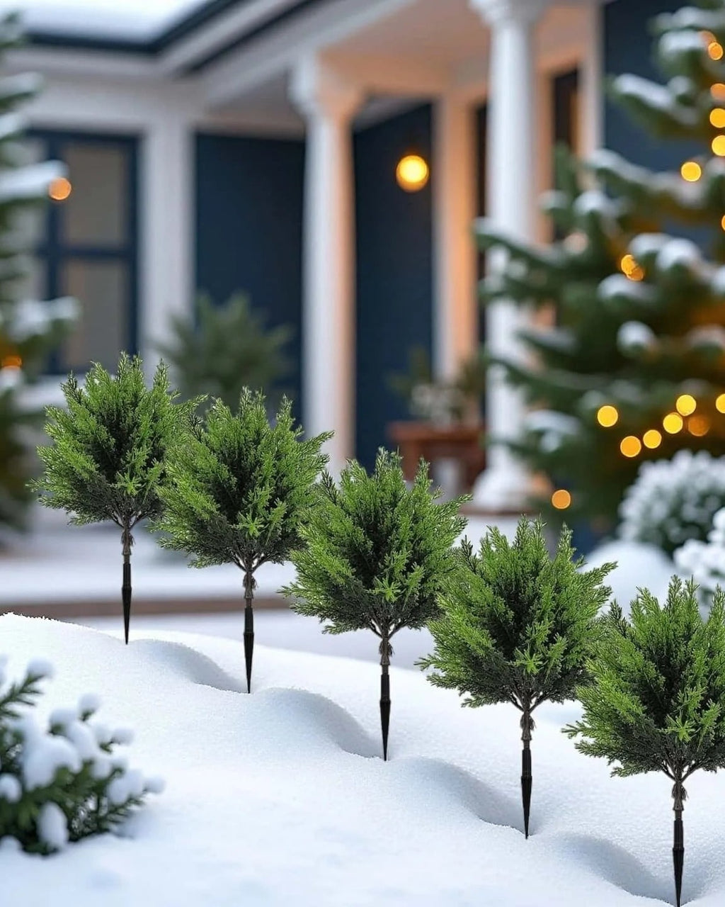 Artificial mini Christmas trees on their ground spikes lining a snowy path; each order is two trees