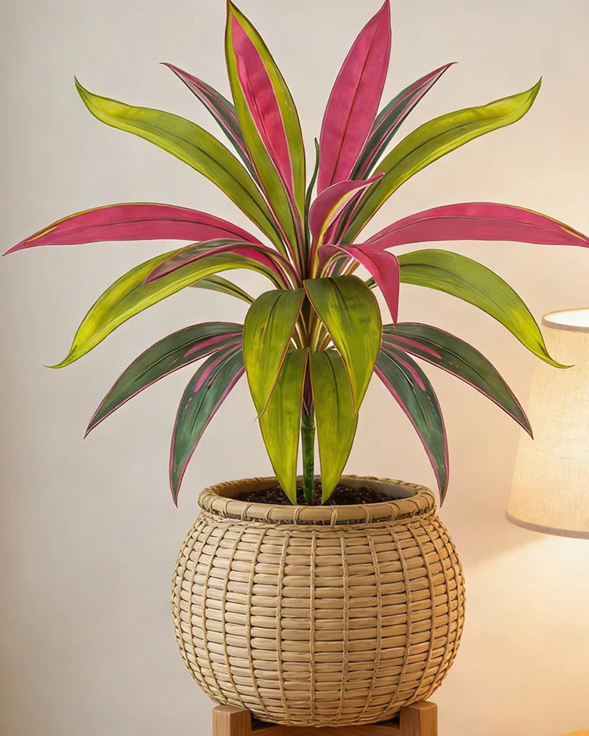 The pink artificial dracaena in a woven basket beside a lamp; pot not included