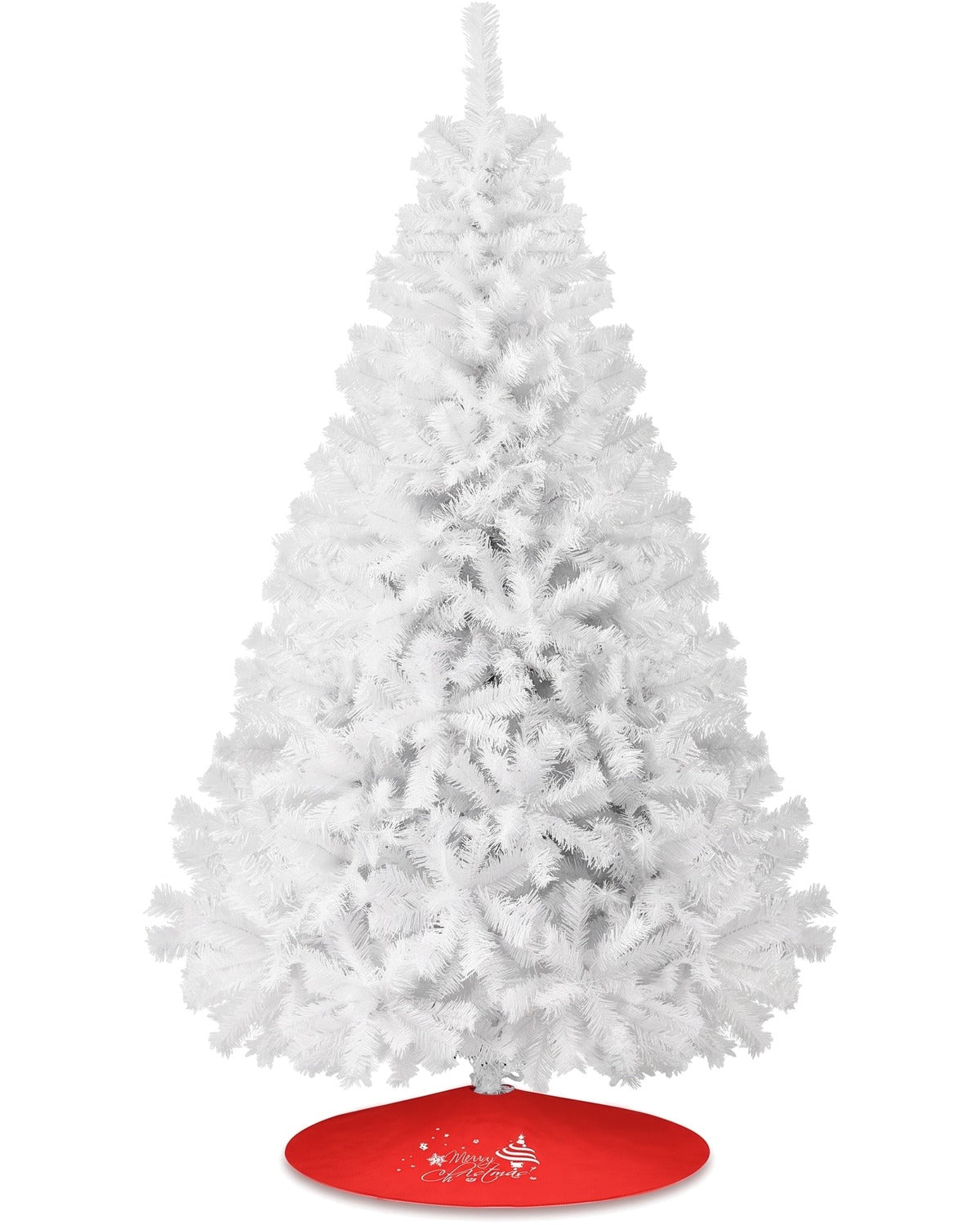 The White tree on a plain ground, standing on a red tree skirt that is not included