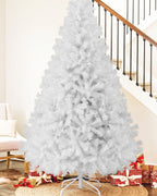 The White tree, undecorated, on its white folding stand at the foot of a staircase; the gifts are not included