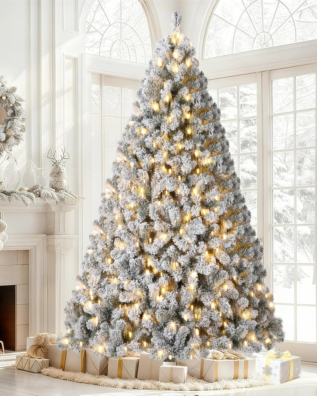 A pre-lit snow flocked Christmas tree lit beside a fireplace; wreath and gifts not included