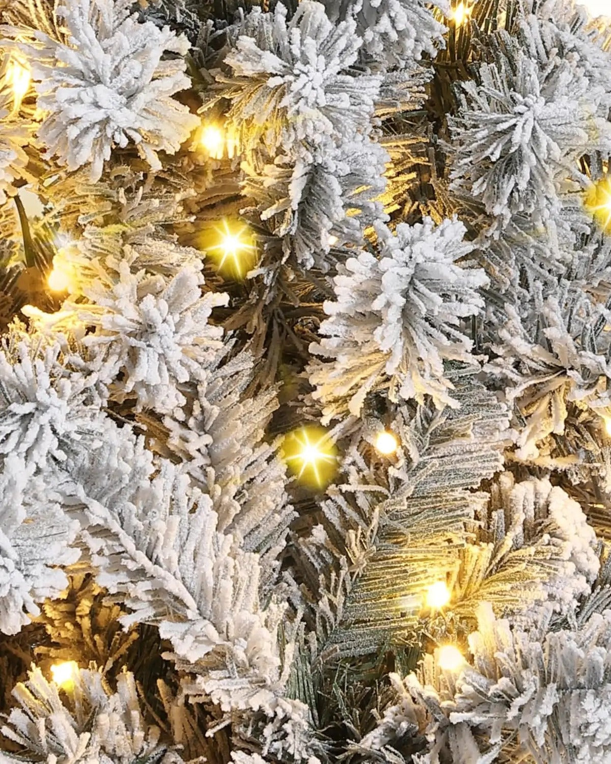 The pre-lit tree's flocked branches and warm white lights, close up