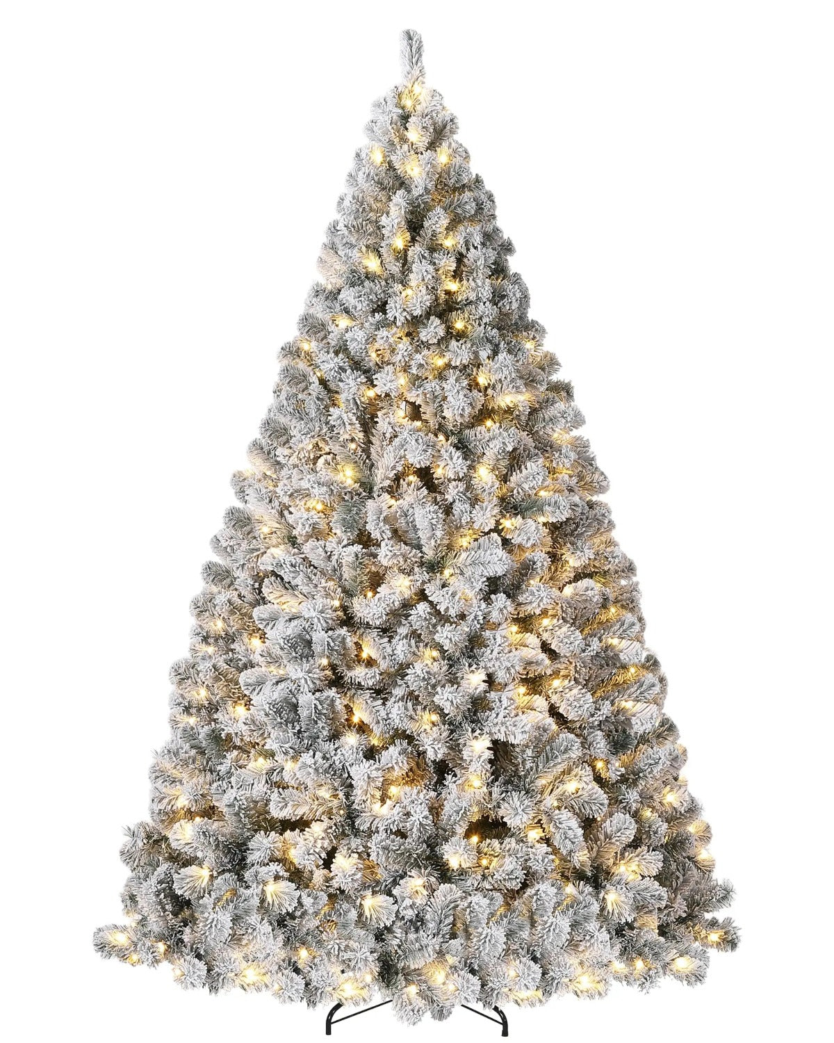 A pre-lit snow flocked Christmas tree lit on a plain white ground