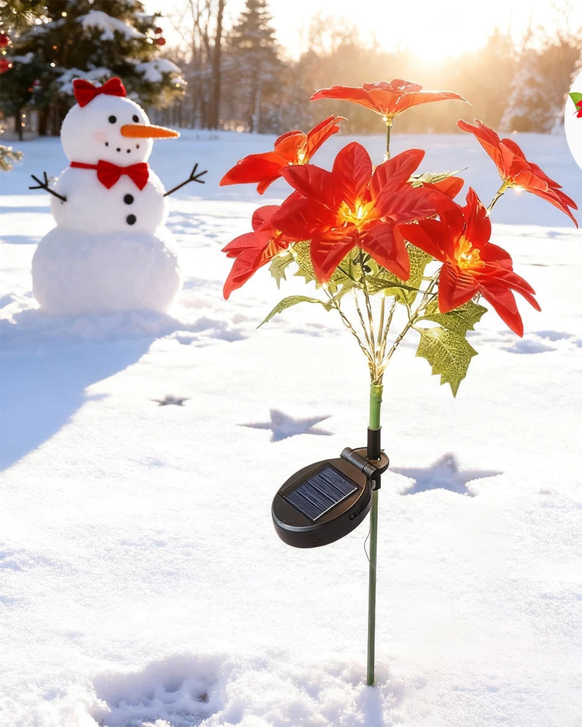 A solar poinsettia stake light in fresh snow, its solar panel on the stem