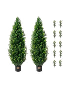 Two artificial cedar topiary trees in black nursery pots with ten spare sprigs, as they arrive