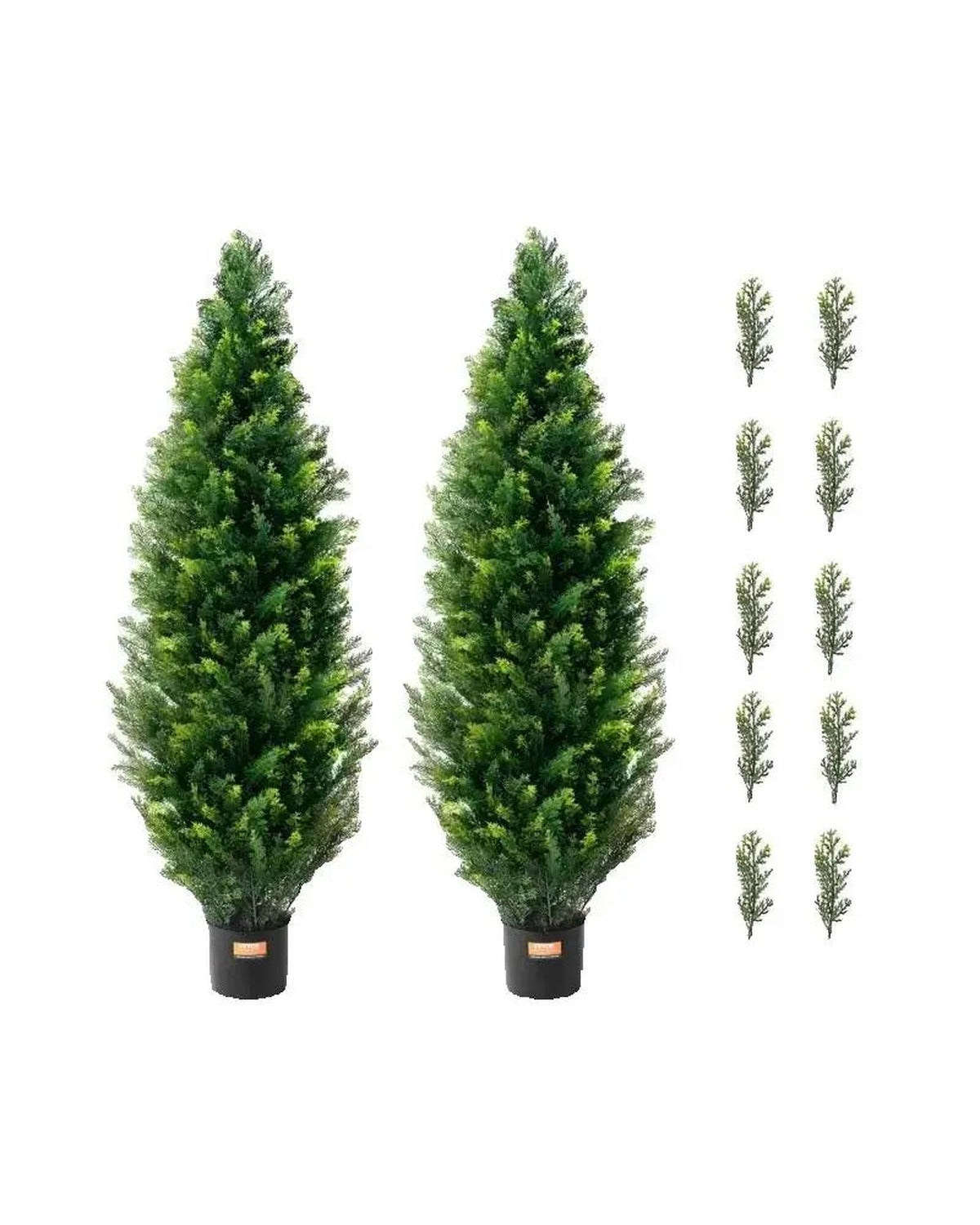 Two artificial cedar topiary trees in black nursery pots with ten spare sprigs, as they arrive